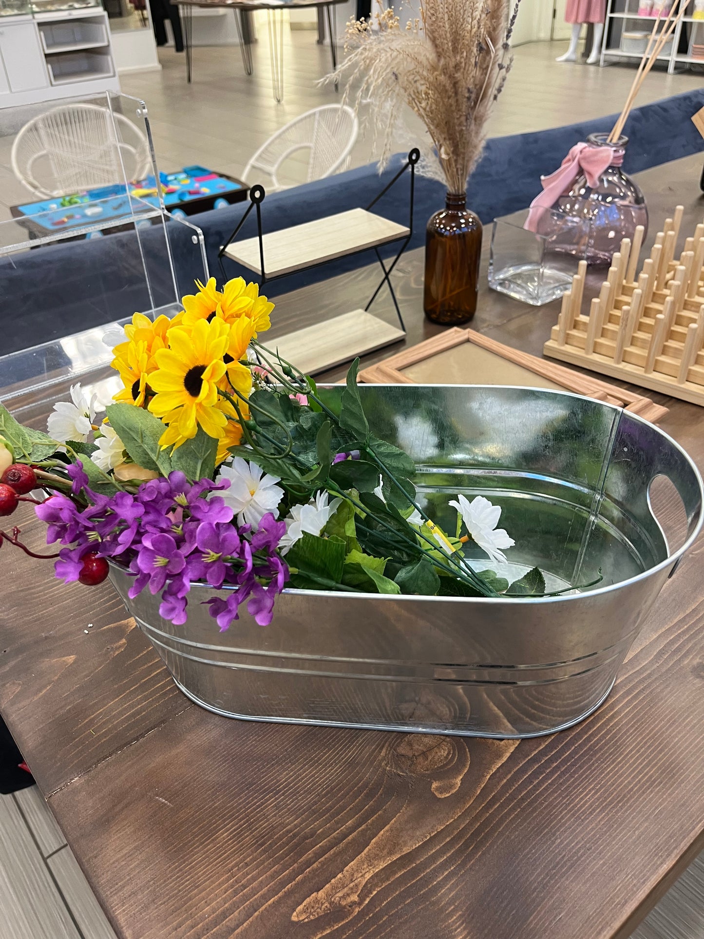 Faux Floral Decor with Metal Bin