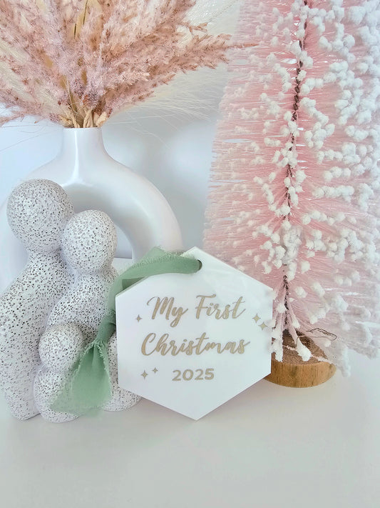 My First Christmas 2025 Hexagon Green Ribbon Ornament