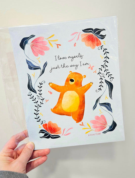 I Love Myself Bear in Blue Art Print
