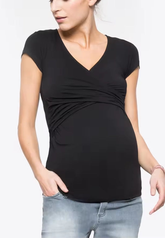 Mina Crossover Maternity and Nursing T-Shirt in Black