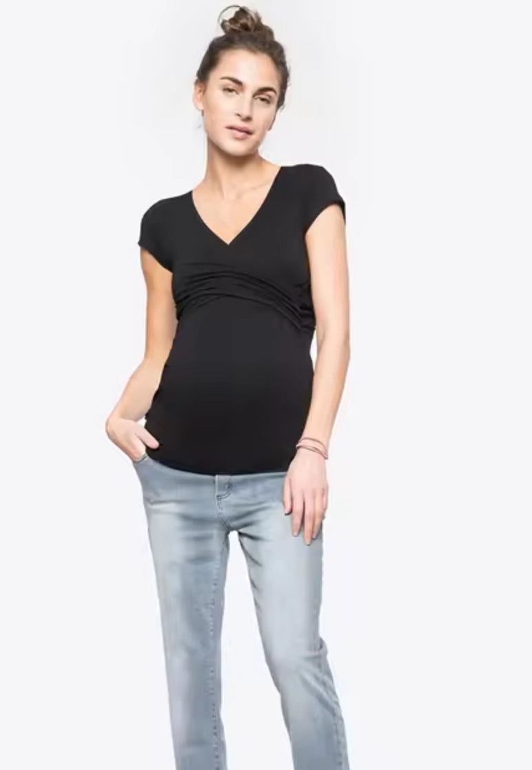 Mina Crossover Maternity and Nursing T-Shirt in Black