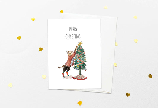 Cat Decorating Tree Christmas Card