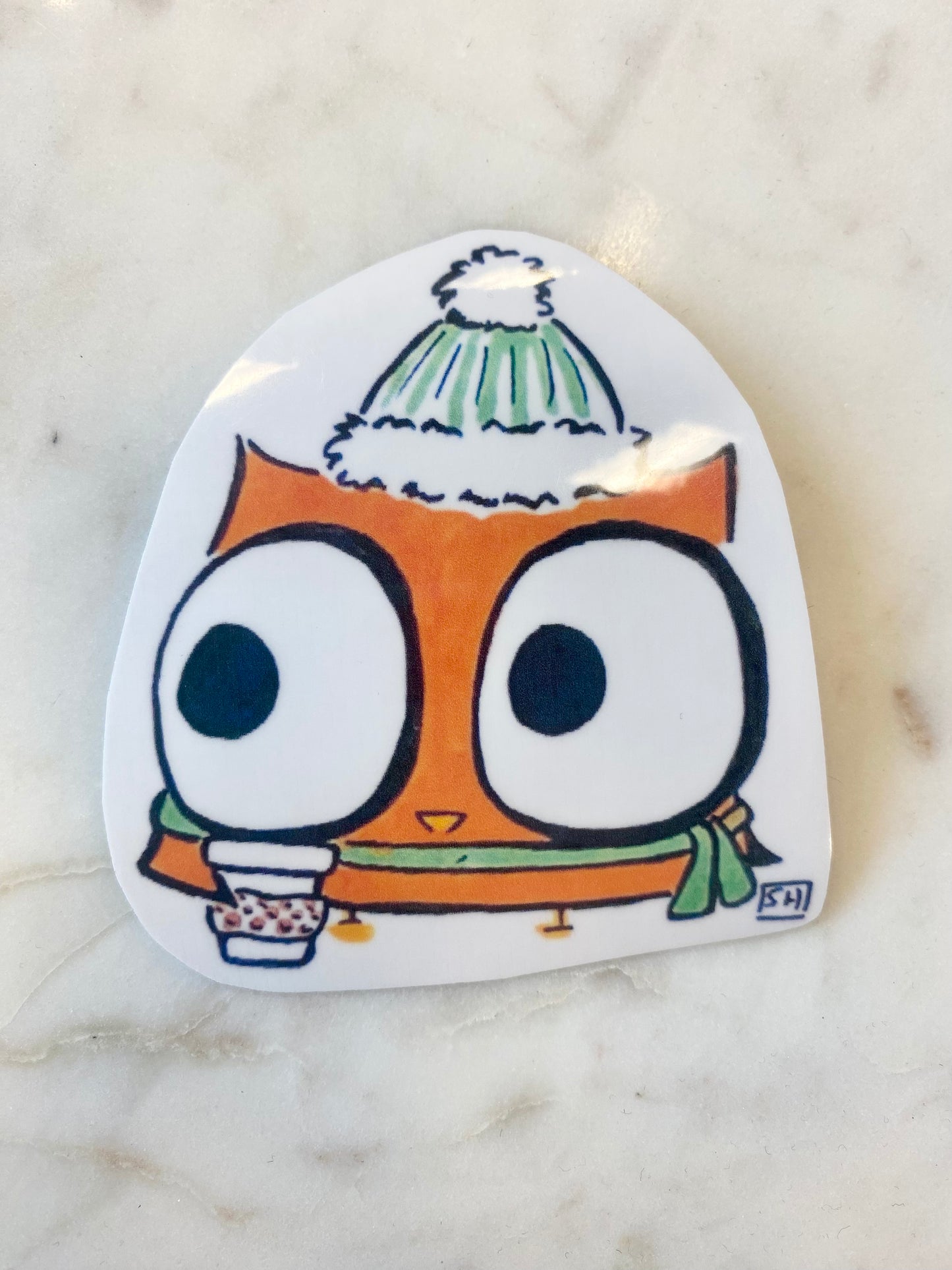 Winter Owl with Coffee Cup Sticker
