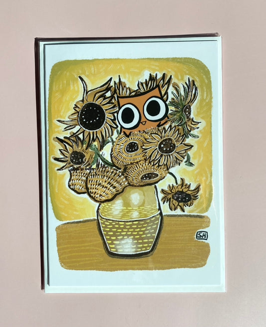 Sunflowers Owl & Penguin Greeting Card