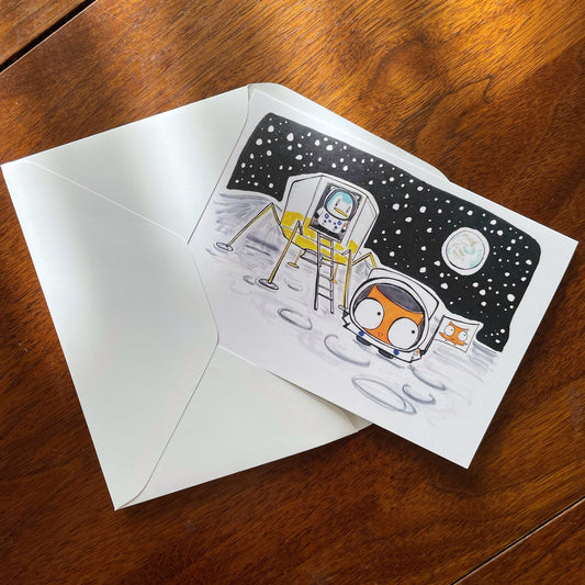 Owl & Penguin Moon Landing Greeting Card