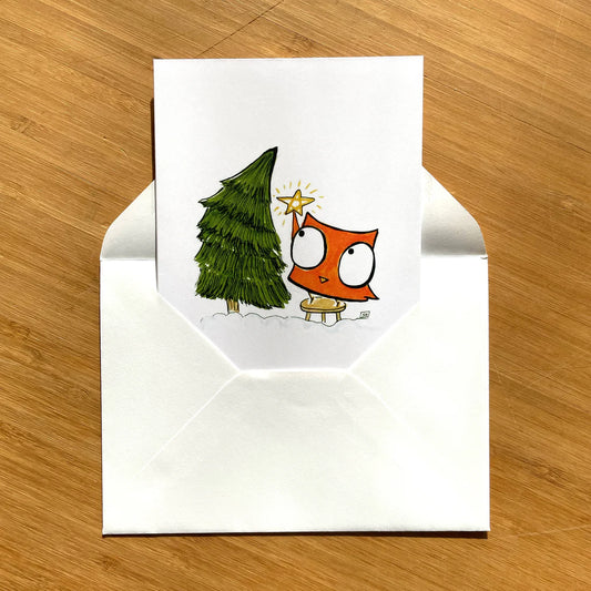 Owl Putting A Star On A Tree Greeting Card