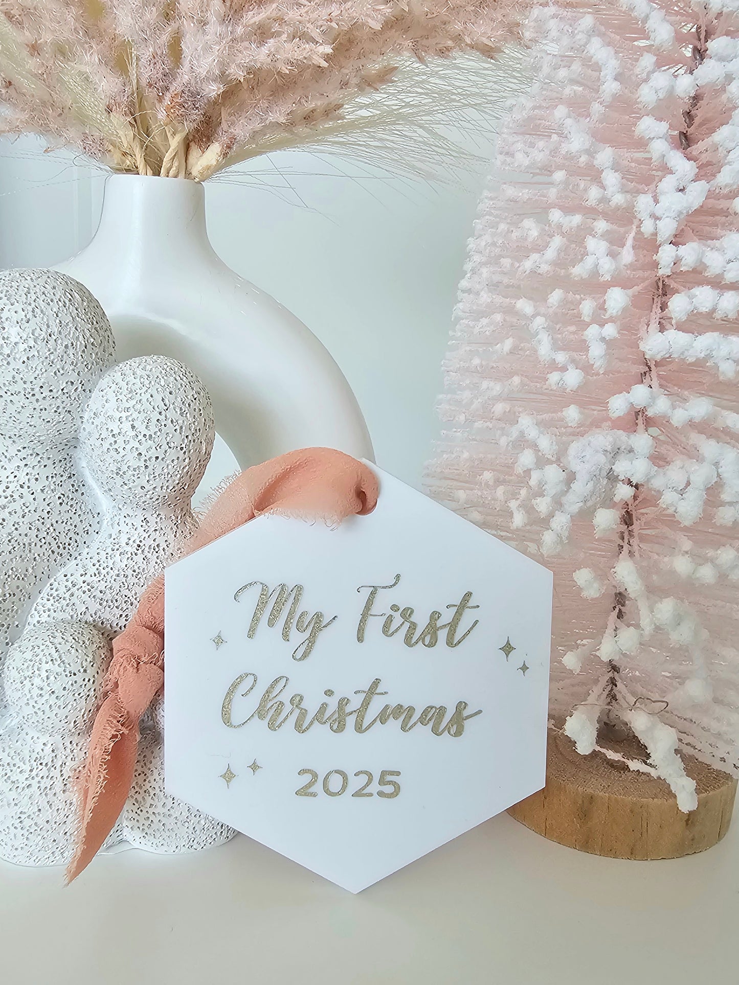 My First Christmas 2025 Hexagon Pink Ribbon Ornament