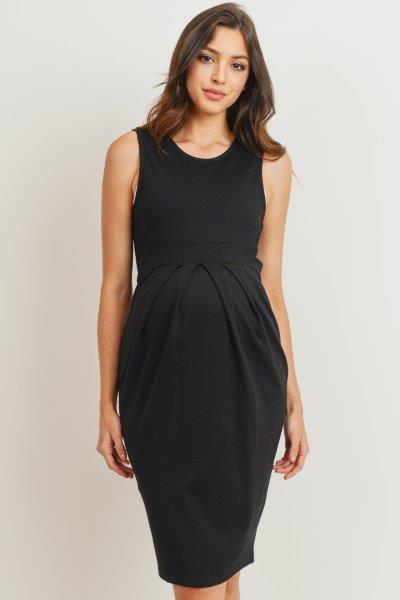 Front Pleat Sleeveless Maternity Dress in Black