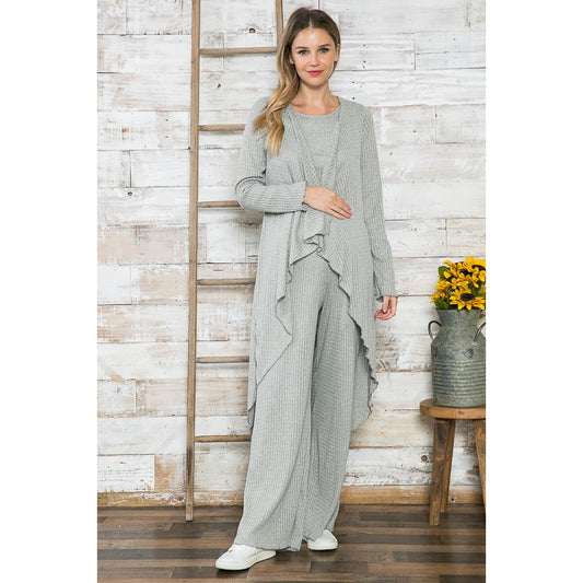Kira Grey Cropped Top, Wide Pants & Cardigan 3 Piece Set