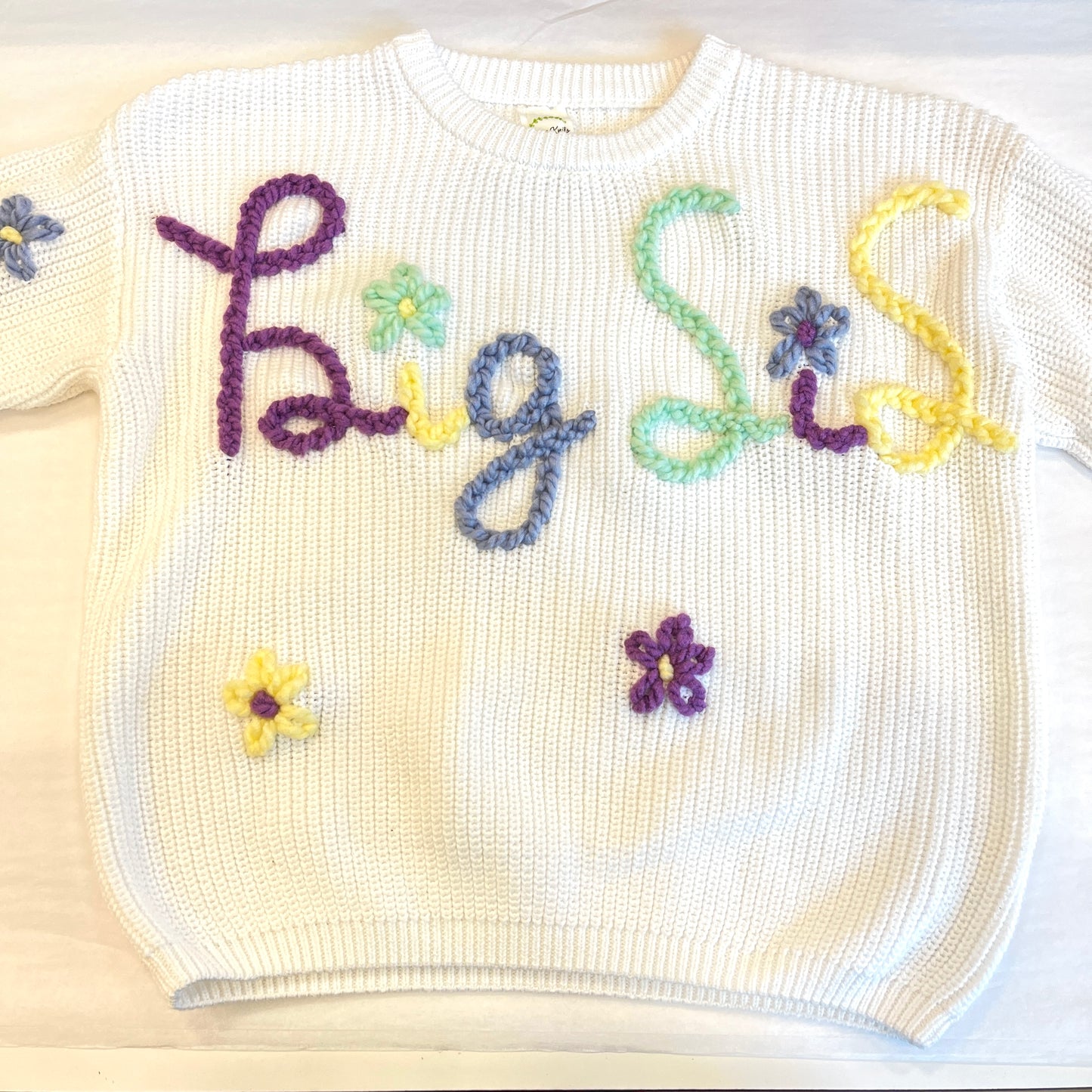 Big Sis Sweater in White with Flowers Embroidered Knit Sweater