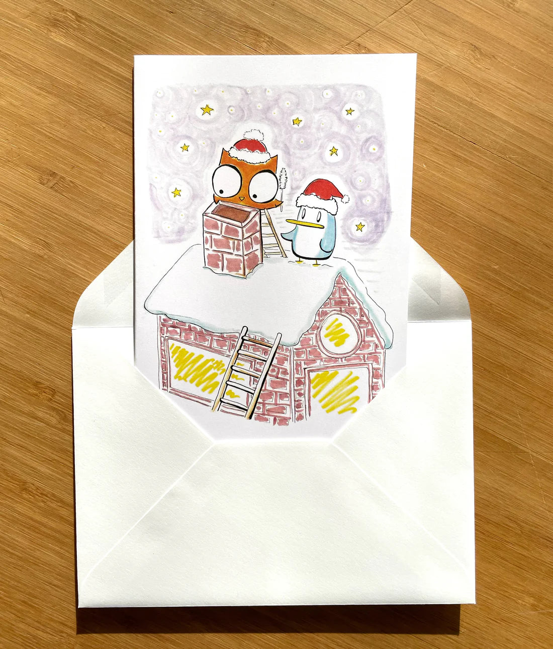 Owl and Penguin Cleaning the Chimney Greeting Card
