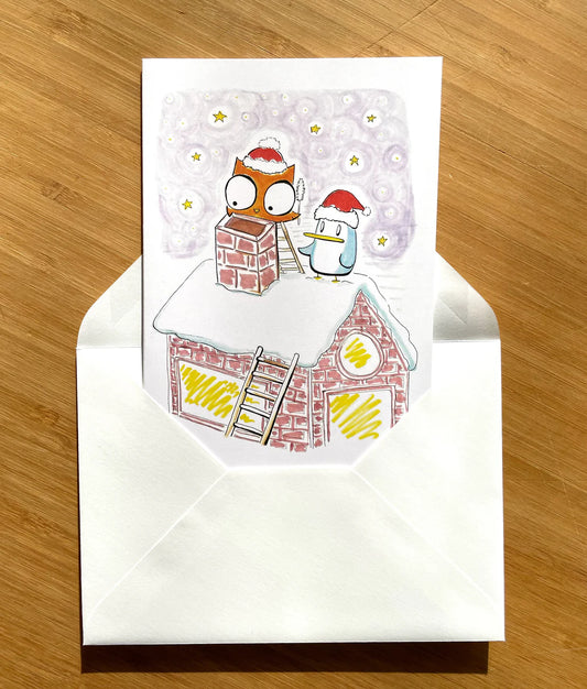 Owl and Penguin Cleaning the Chimney Greeting Card