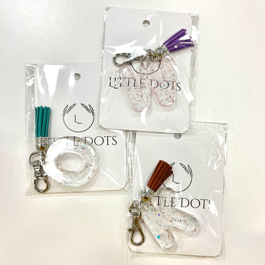 Initial Keychains in Clear with Silver Sparkle