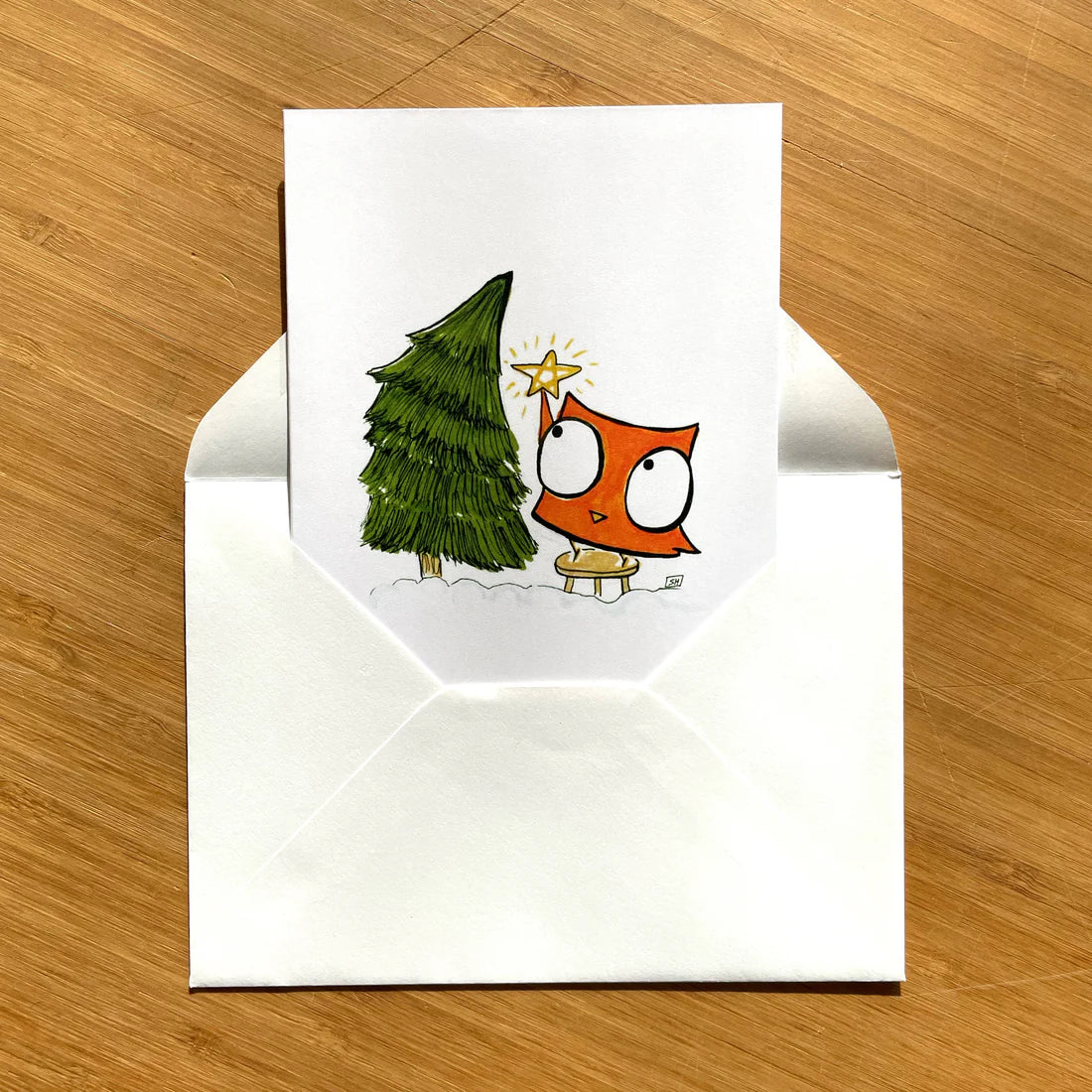 Owl Putting A Star On A Tree Greeting Card