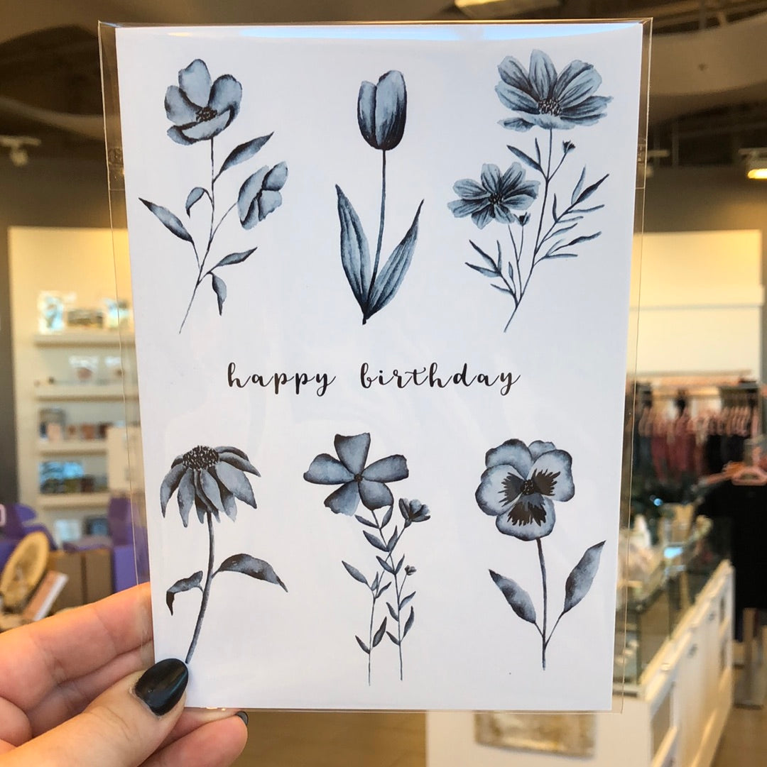Six Blue Flowers Happy Birthday Card