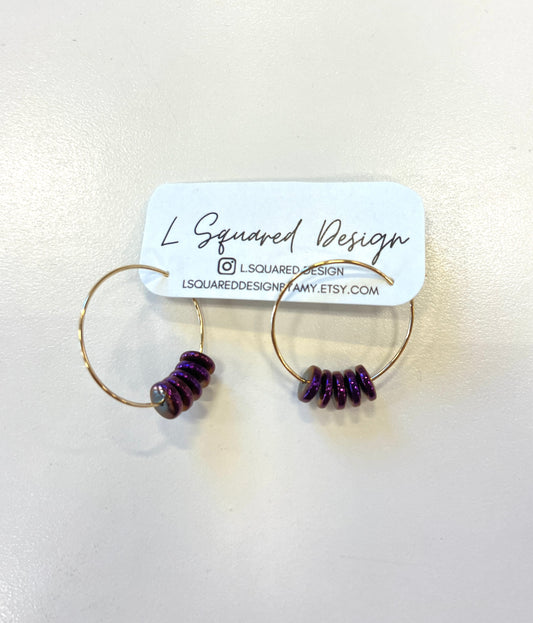 Gold Purple Beaded Hoop Earrings